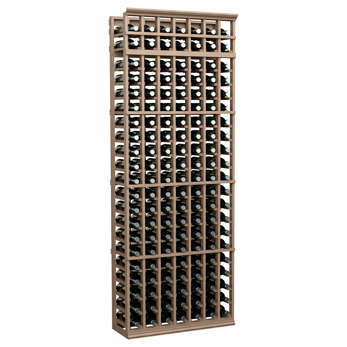 7-foot wine bottle rack with light tan wood frame and front bottle storage grid