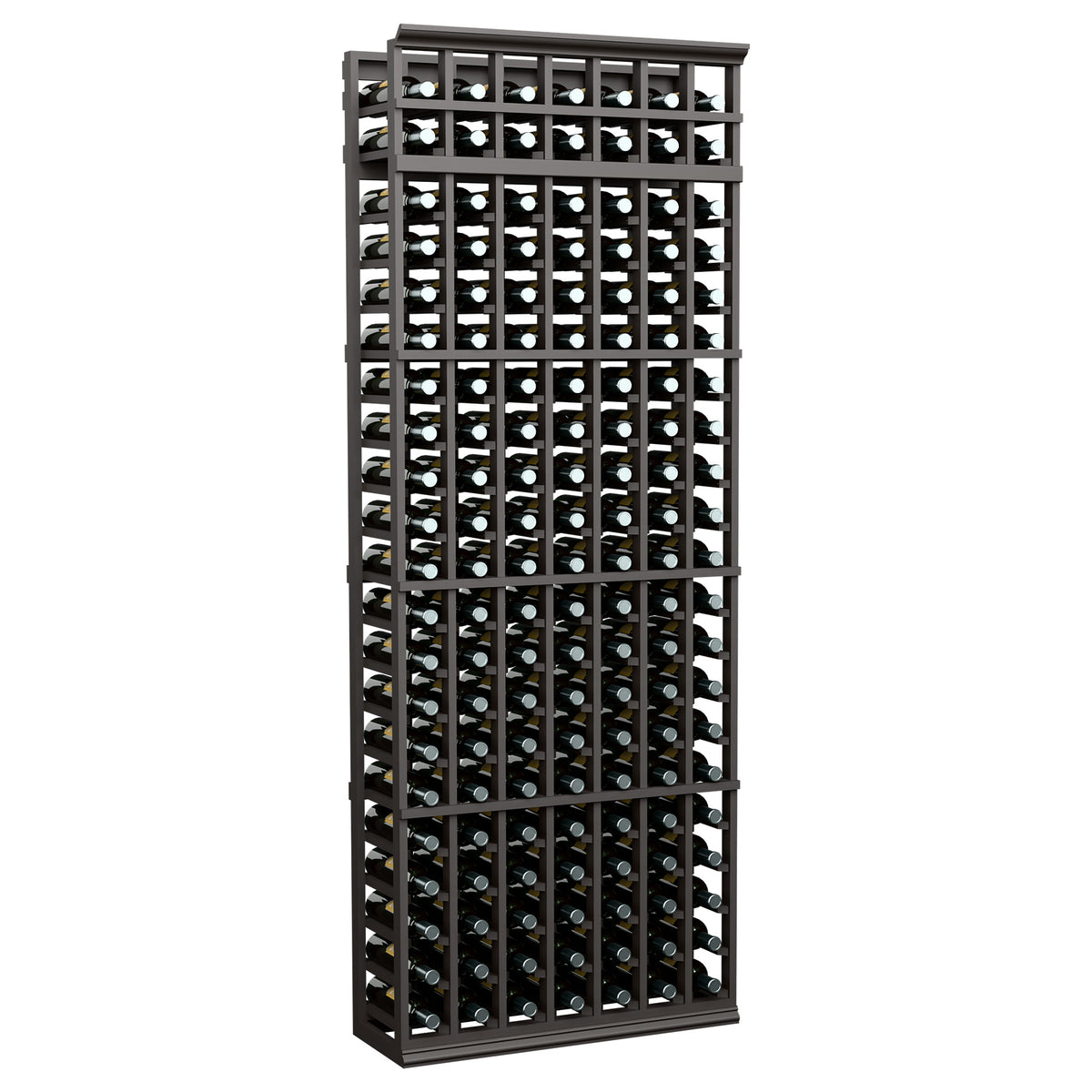 7-foot wine bottle rack with dark wood frame and front-facing bottle cubbies