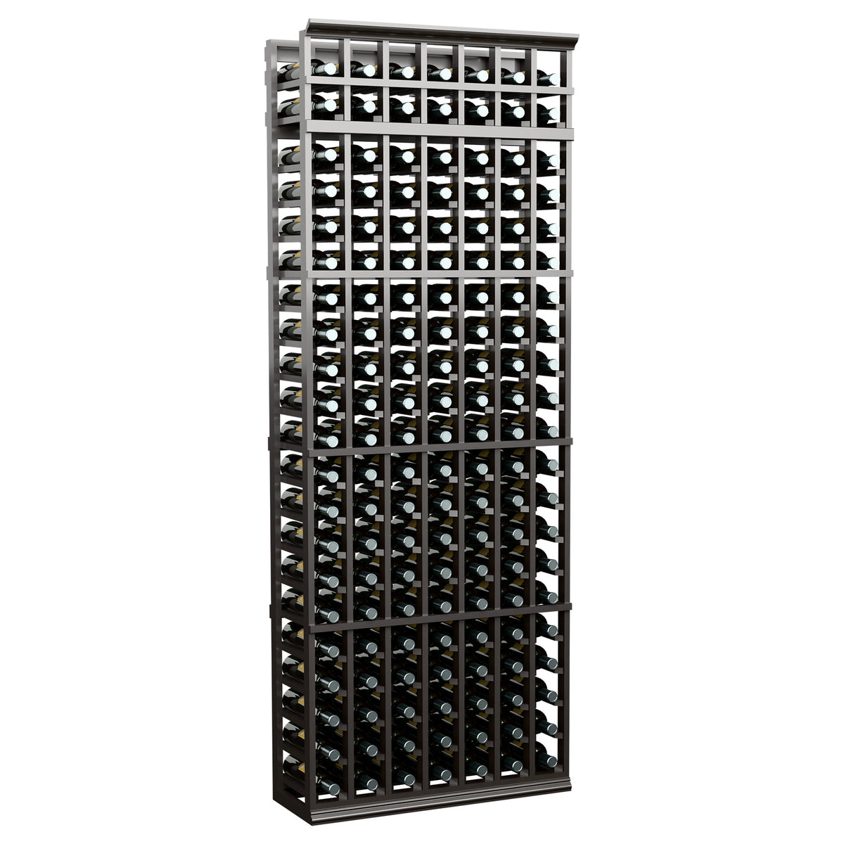 7-foot wine bottle rack with gray-black wood frame and grid bottle storage