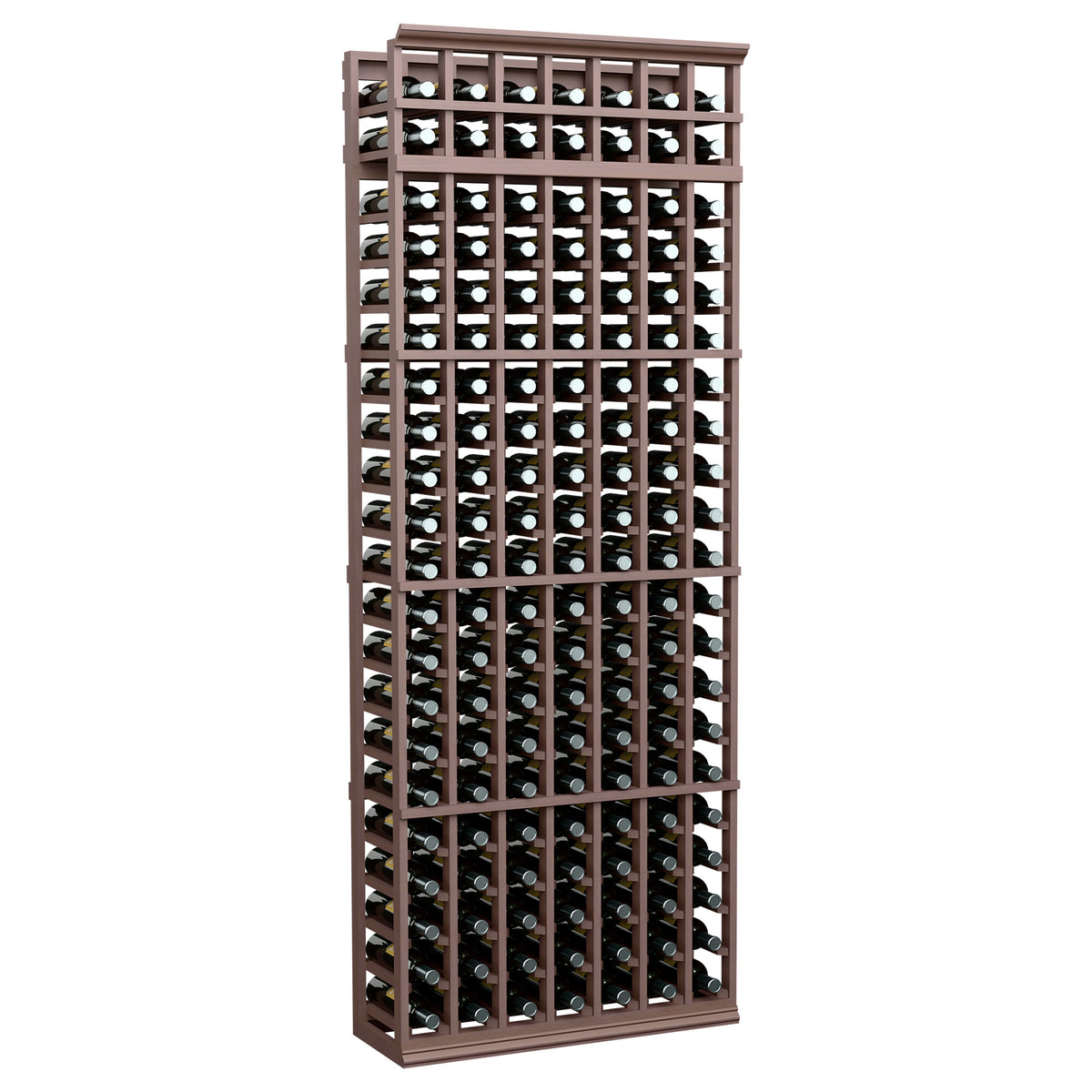 Dark brown 7-ft wine bottle rack with 7 columns and front bottle openings