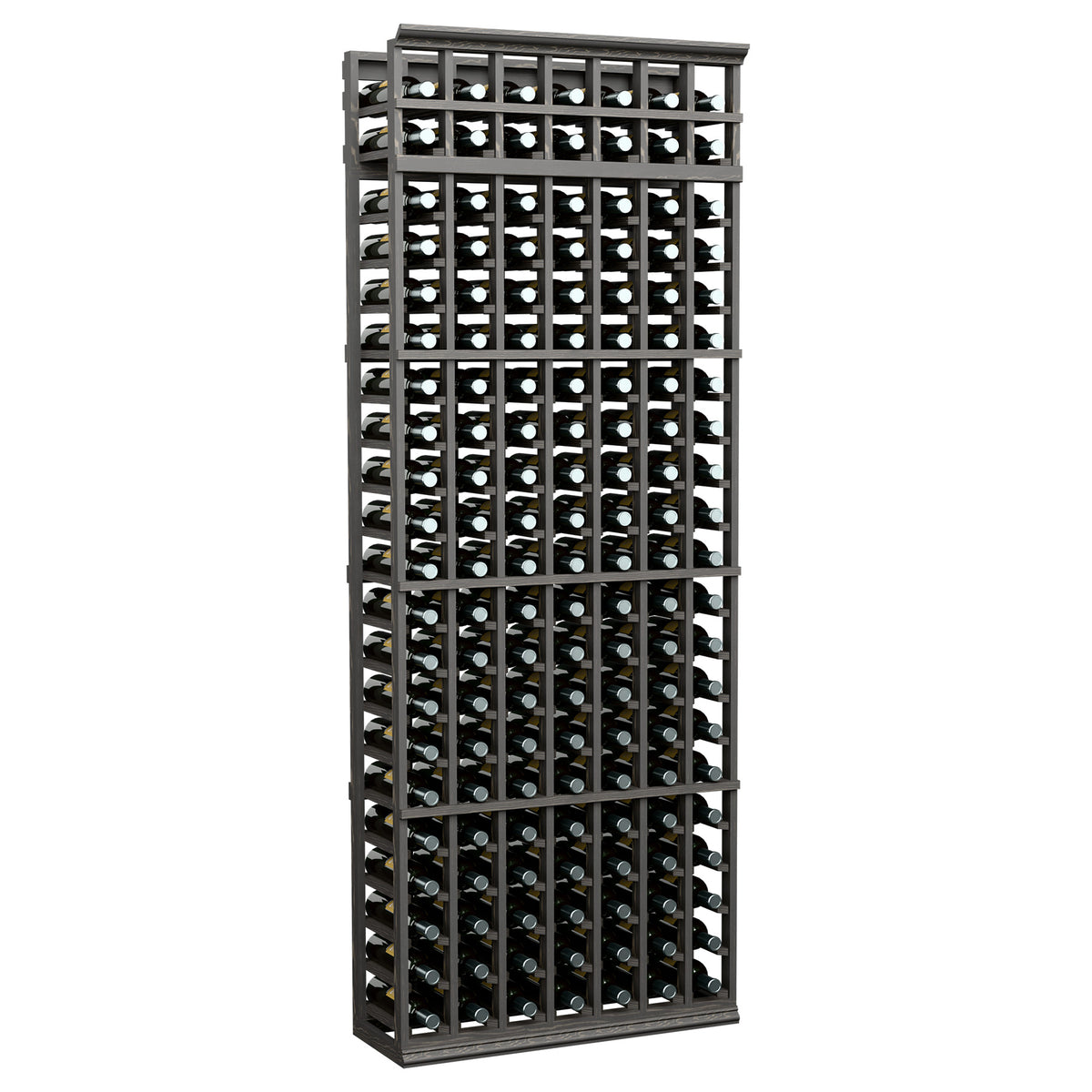 Tall 7-column wine bottle rack with black frame and bottle-filled grid interior