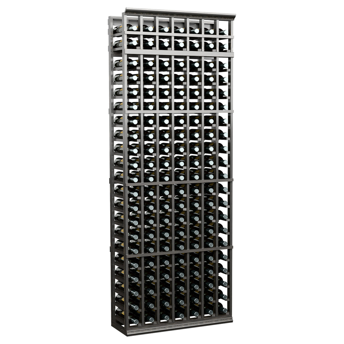Tall 7-column wine bottle rack with dark gray frame and bottle-filled grid interior