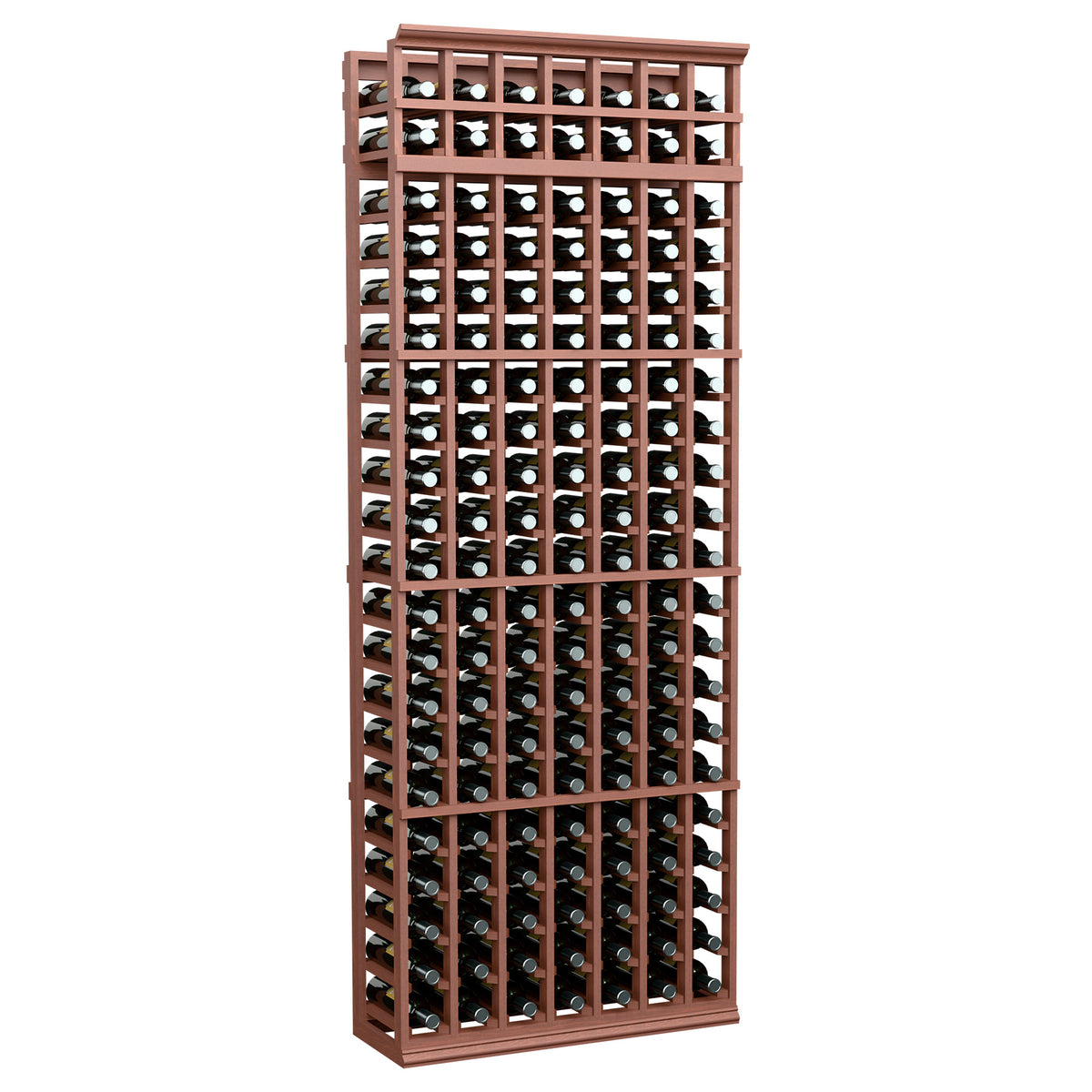 Tall 7-column wine bottle rack with reddish wood frame and bottle-filled grid interior
