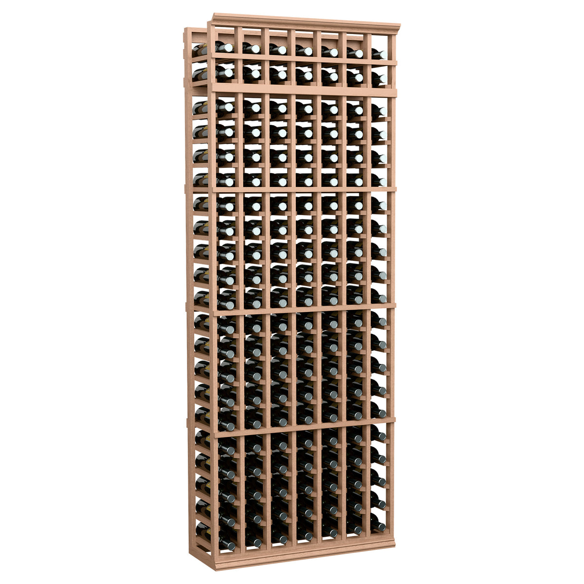 Tall 7-column wine bottle rack with light tan wood frame and bottle-filled grid interior