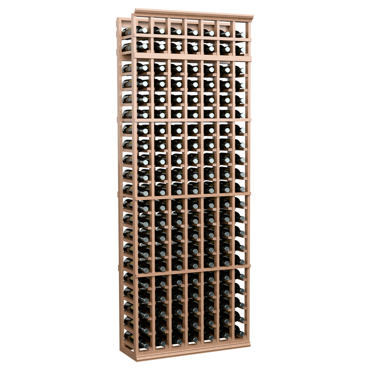 Tall 7-column wine bottle rack with light wood frame and bottle-filled grid interior
