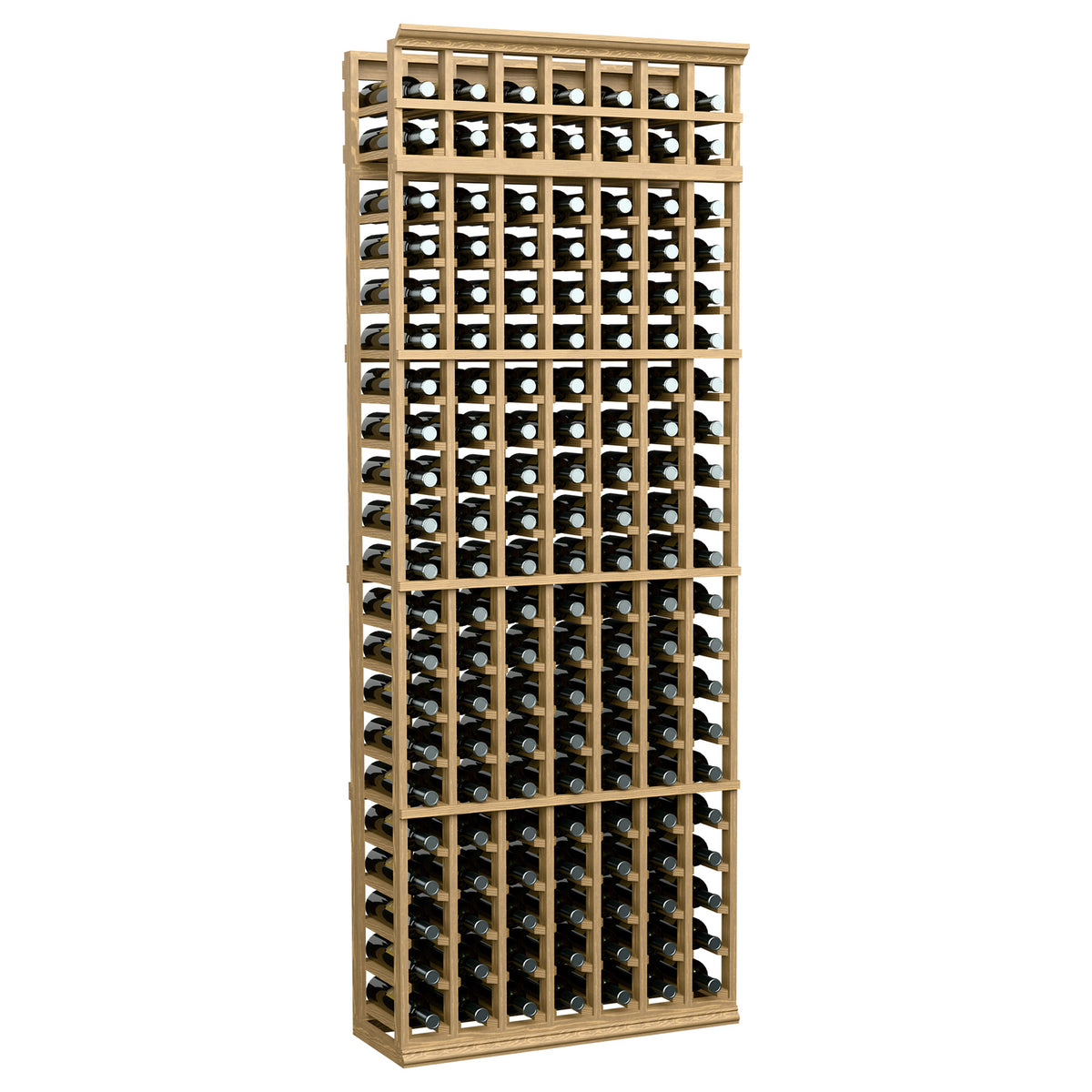 Tall 7-column wine bottle rack with pale wood frame and bottle-filled grid interior