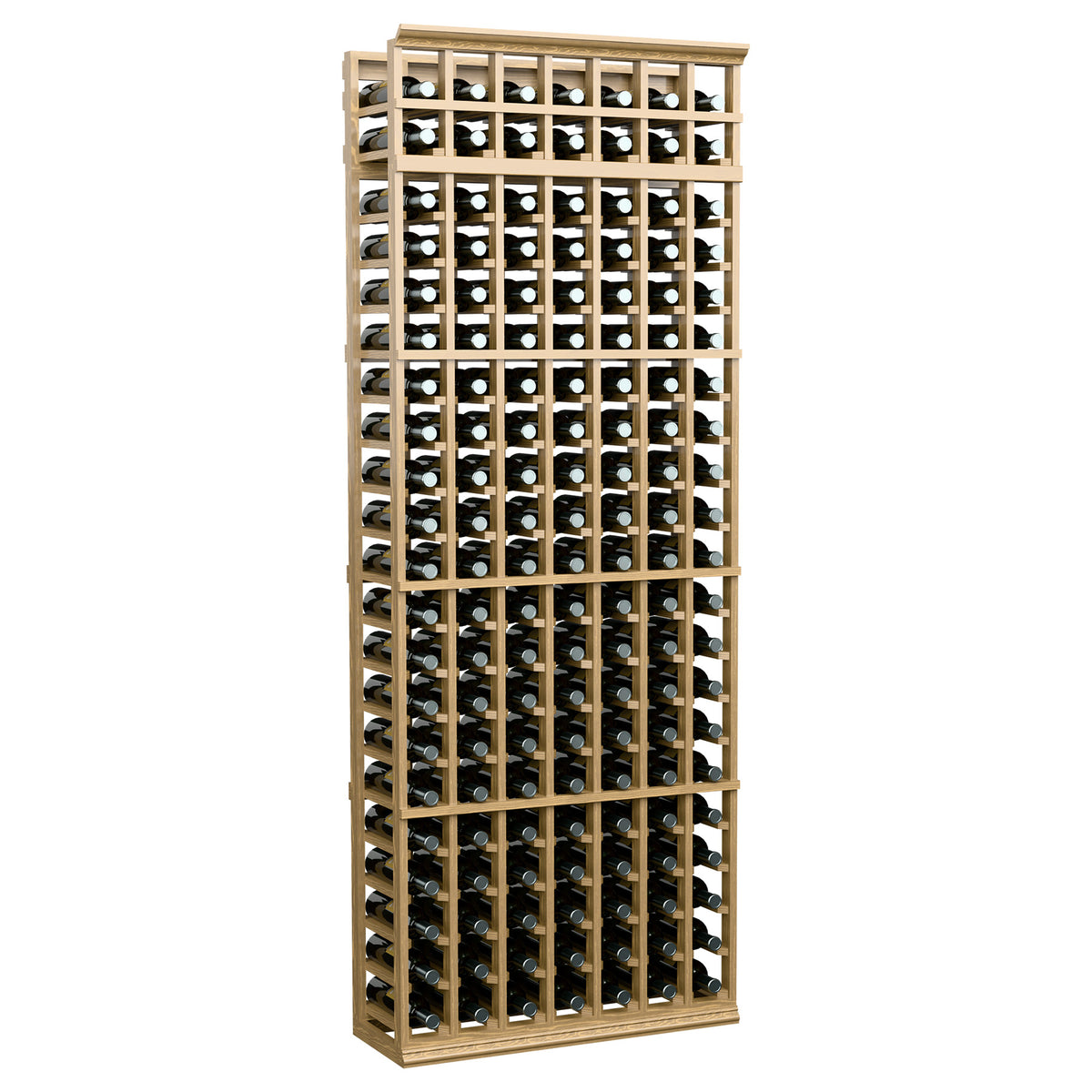 Tall 7-column wine bottle rack with light wood frame and bottle-filled grid interior