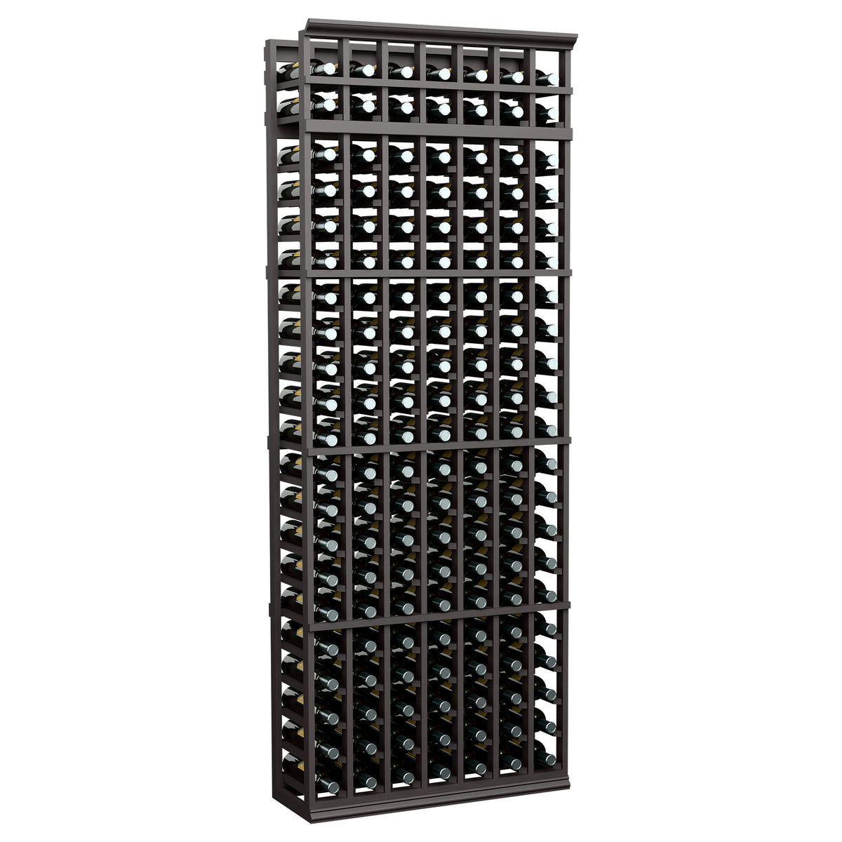 Tall 7-column wine bottle rack with black frame and bottle-filled grid interior