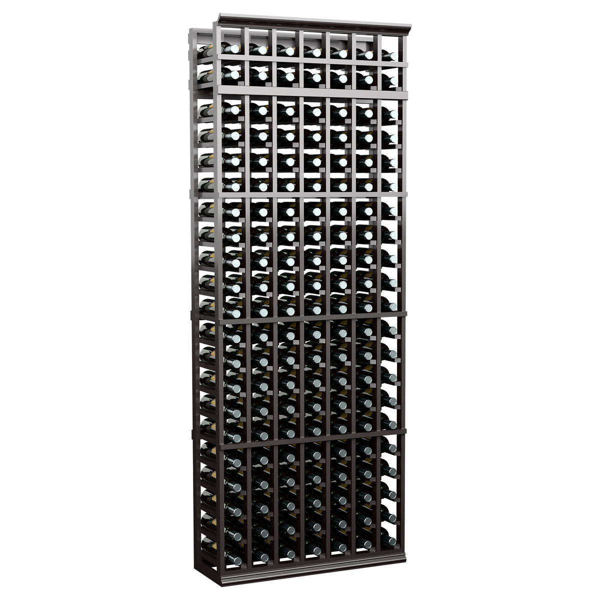 Tall 7-column wine bottle rack with dark gray frame and bottle-filled grid interior