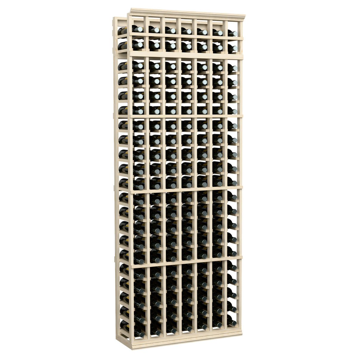 7-column wooden wine bottle rack, light gray frame showing bottle grid across shelves