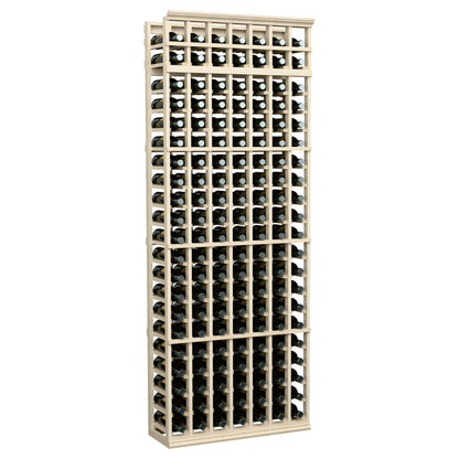7-column wooden wine bottle rack, light gray frame showing bottle grid across shelves