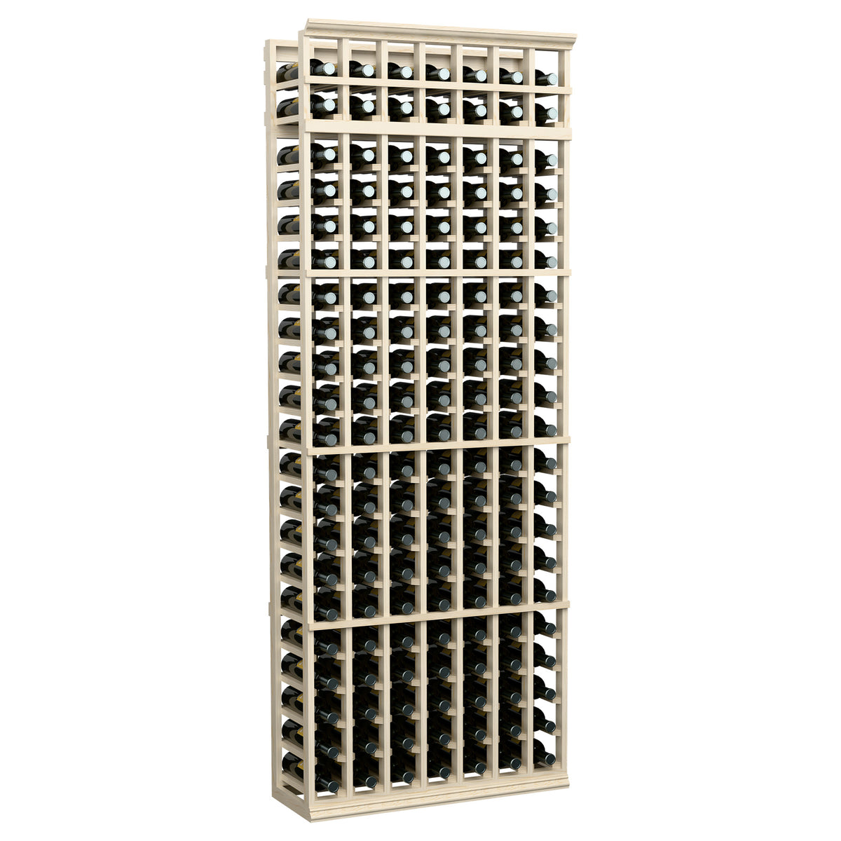 7-column wooden wine bottle rack, light gray frame with dark bottles in bottle holders