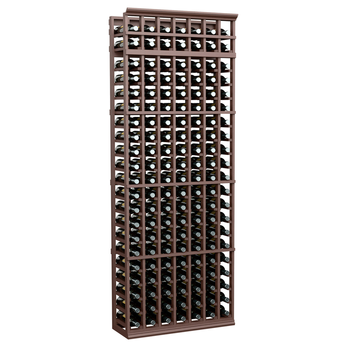 7-column wooden wine bottle rack, dark brown frame with bottles set in grid holders