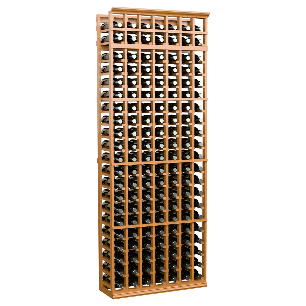 7-column wooden wine bottle rack, light tan wood frame with bottles in a tight grid
