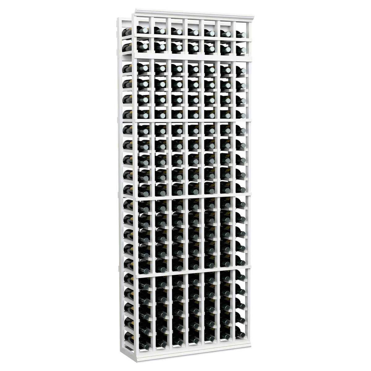 7-column wooden wine bottle rack, white frame with bottles stored in grid rows