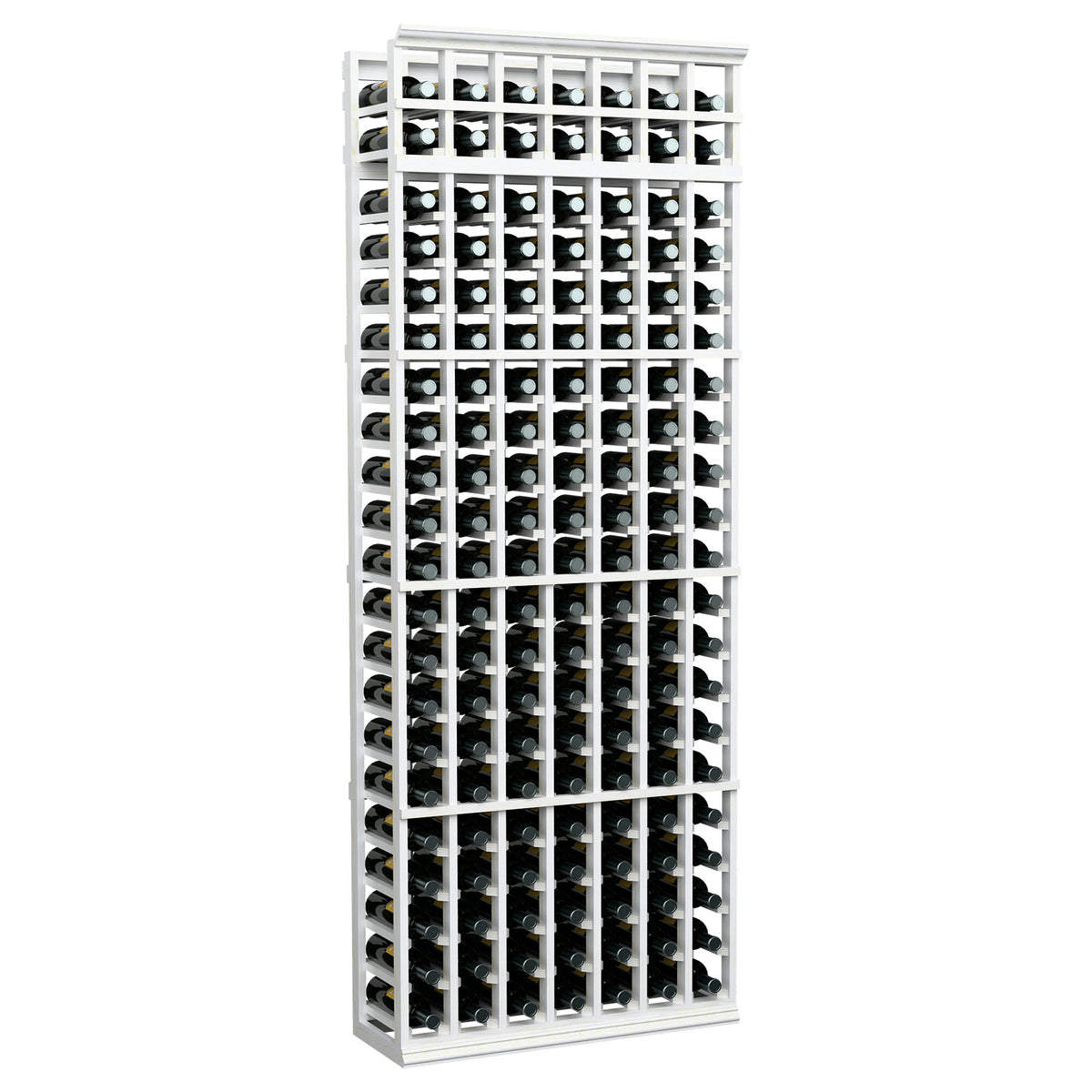 7-column wooden wine bottle rack, bright white frame with bottles in organized columns