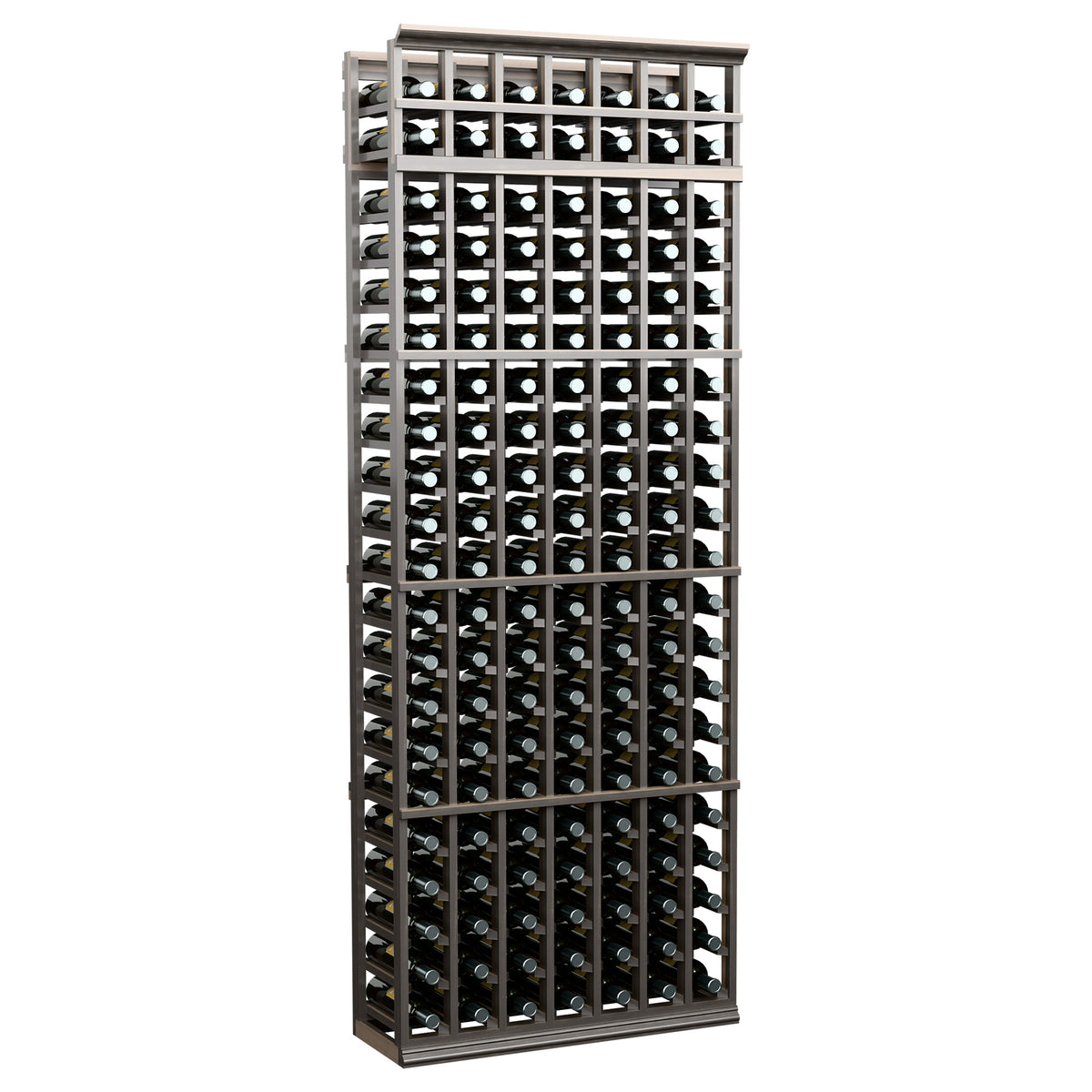 Tall 7-column wine bottle rack with dark gray frame and bottle storage cubbies