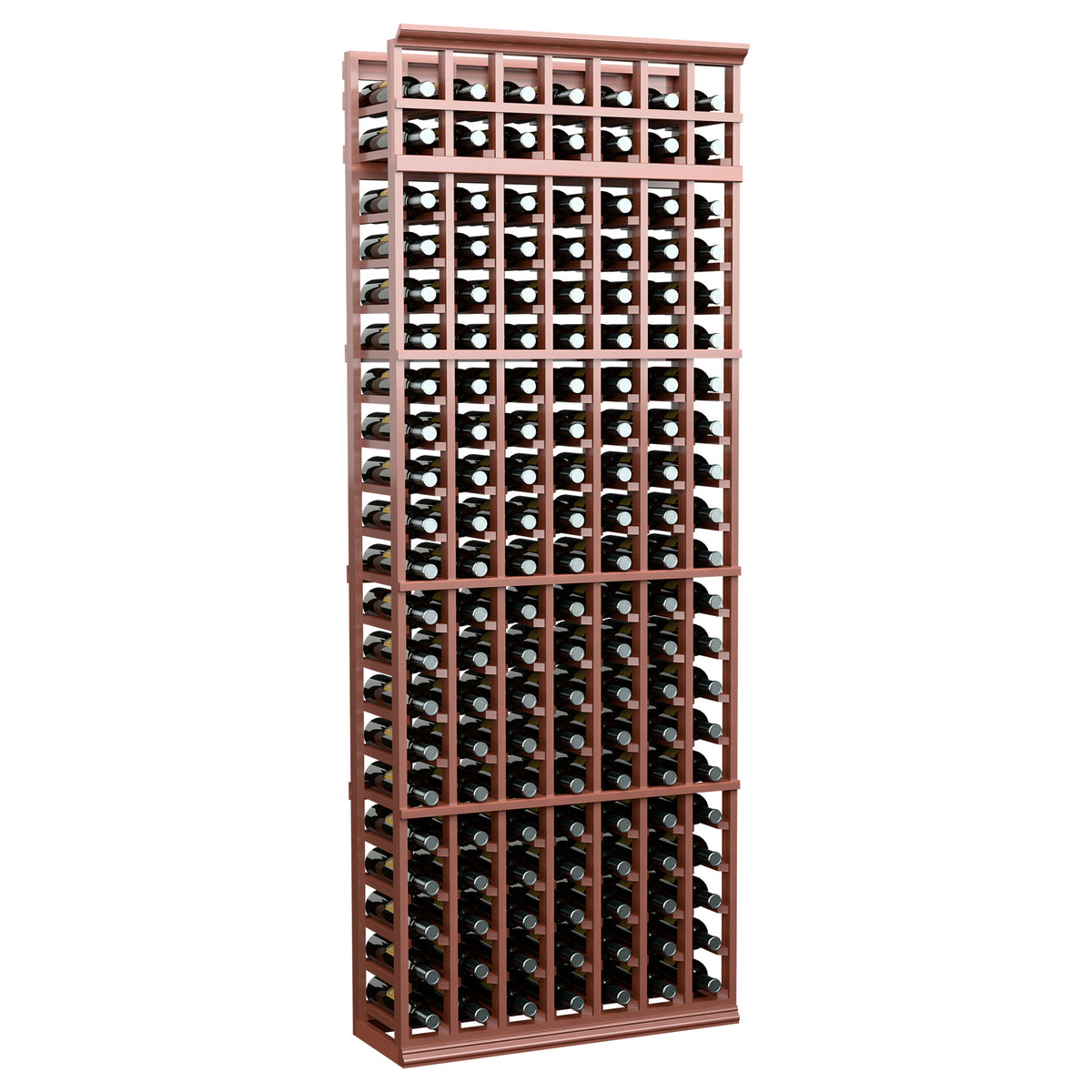 7-column wine bottle rack with warm reddish wood frame and stored wine bottles