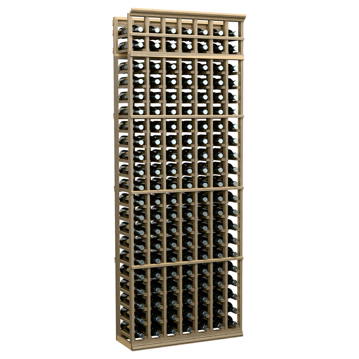 7-column wine bottle rack with pale wood frame and filled bottle cubbies