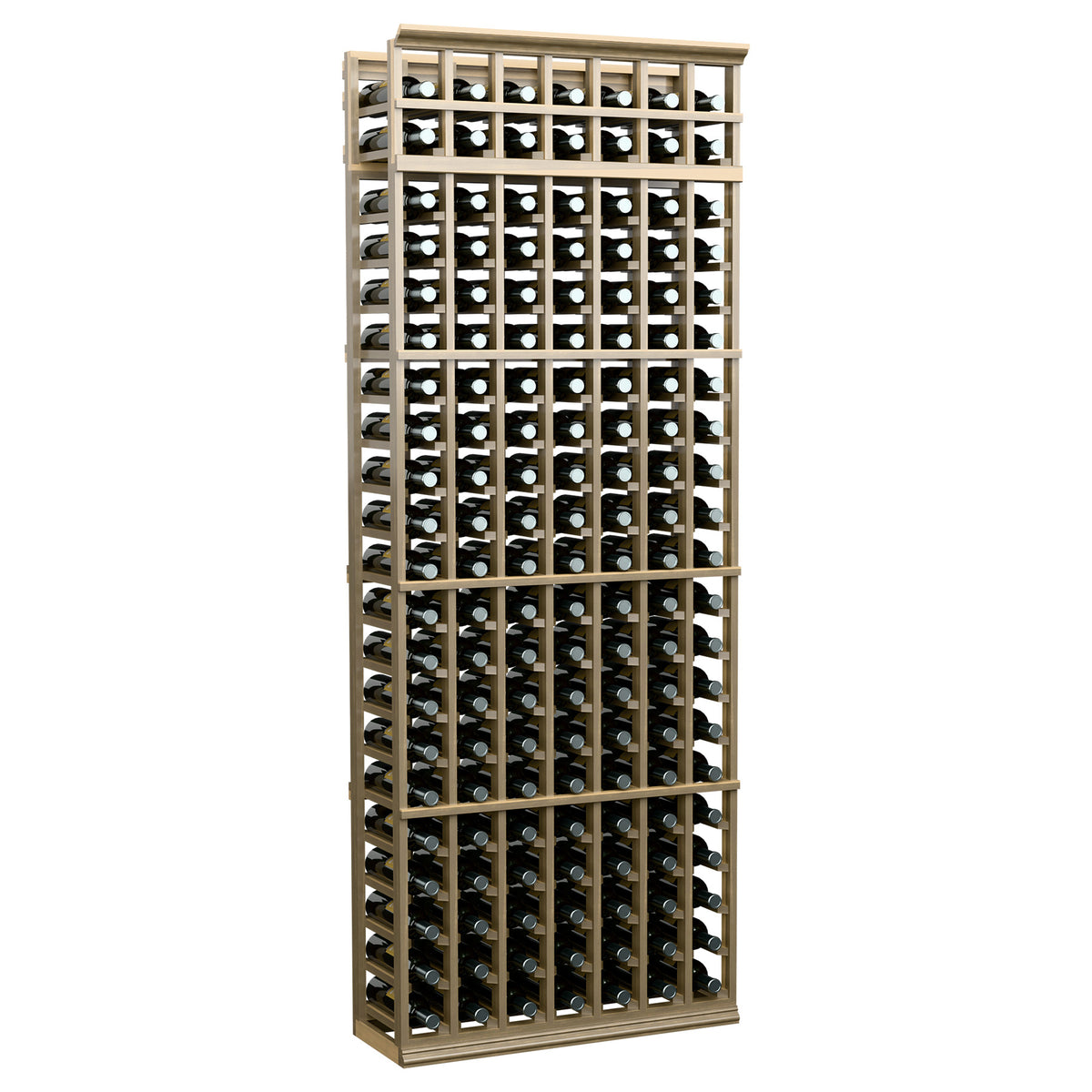 7-column wine bottle rack with medium light wood frame and stored wine bottles