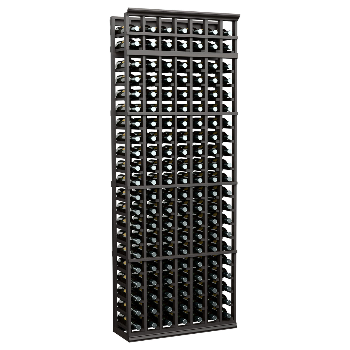 7-column wine bottle rack with dark frame and filled wine bottle compartments