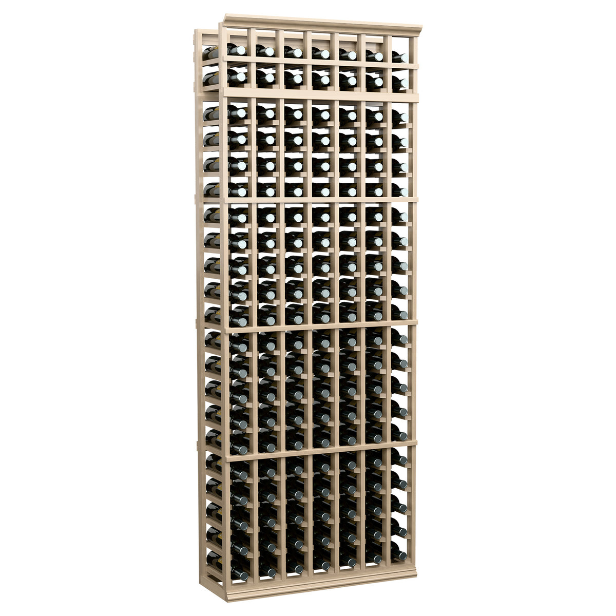 Wood wine bottle rack with 7 columns, light frame, grid front with bottle holes
