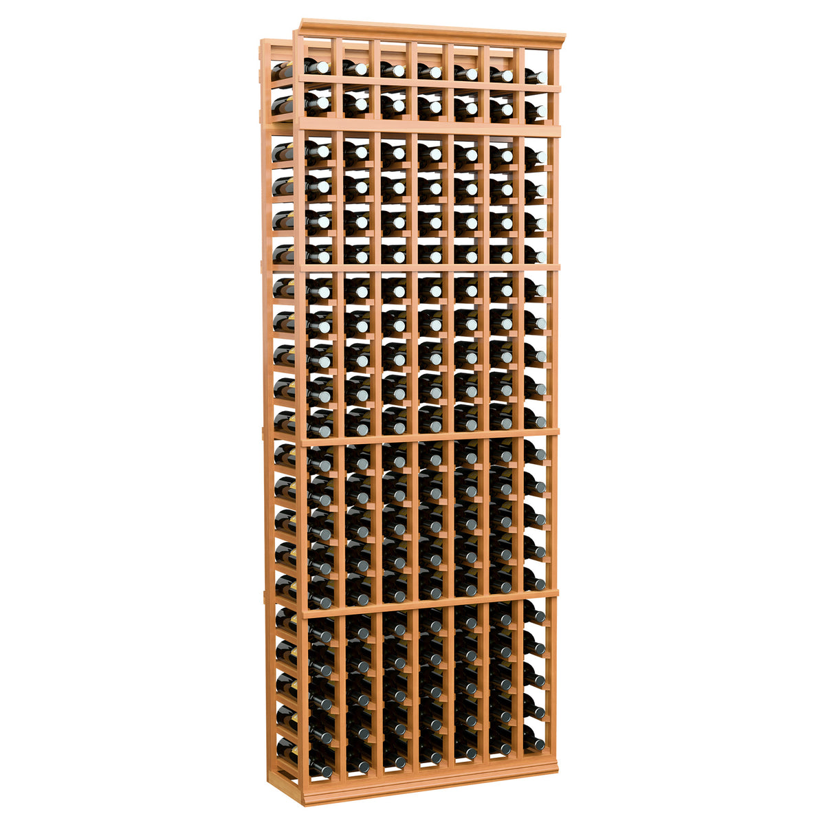 Wood wine bottle rack with 7 columns, warm wood frame, front view of bottle slots