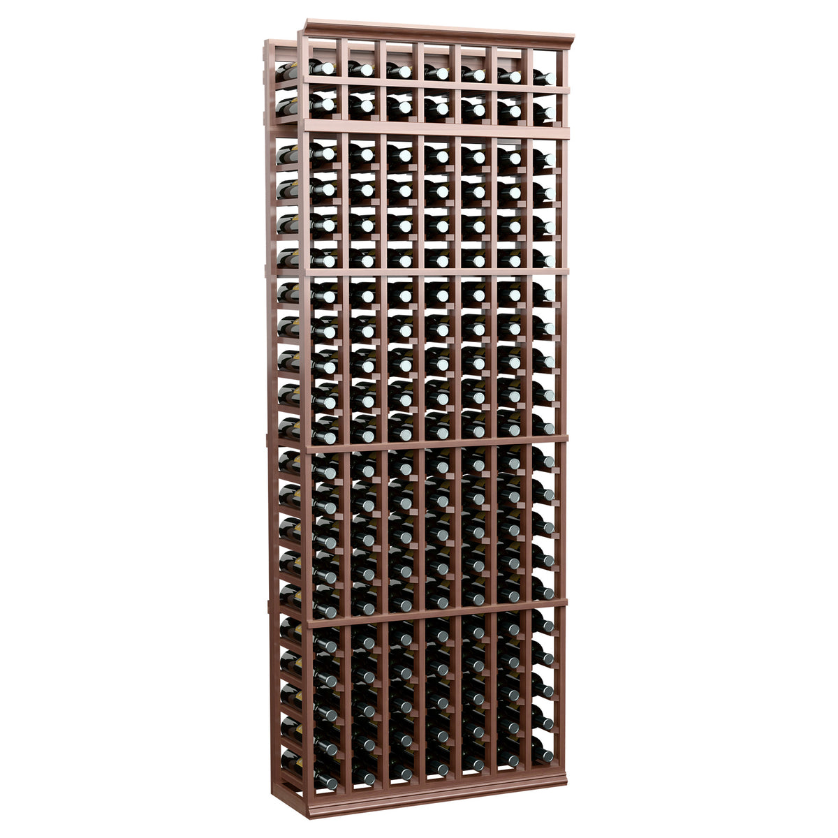 Wood wine bottle rack with 7 columns, dark wood frame, front view of bottle holders