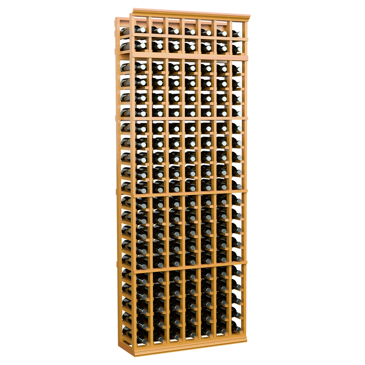 Wood wine bottle rack with 7 columns, golden wood frame, front bottle storage rack