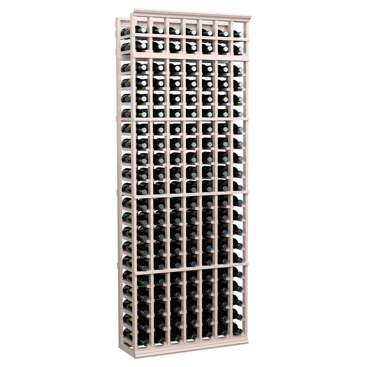Wood wine bottle rack with 7 columns, gray-toned frame, front view of bottle holders