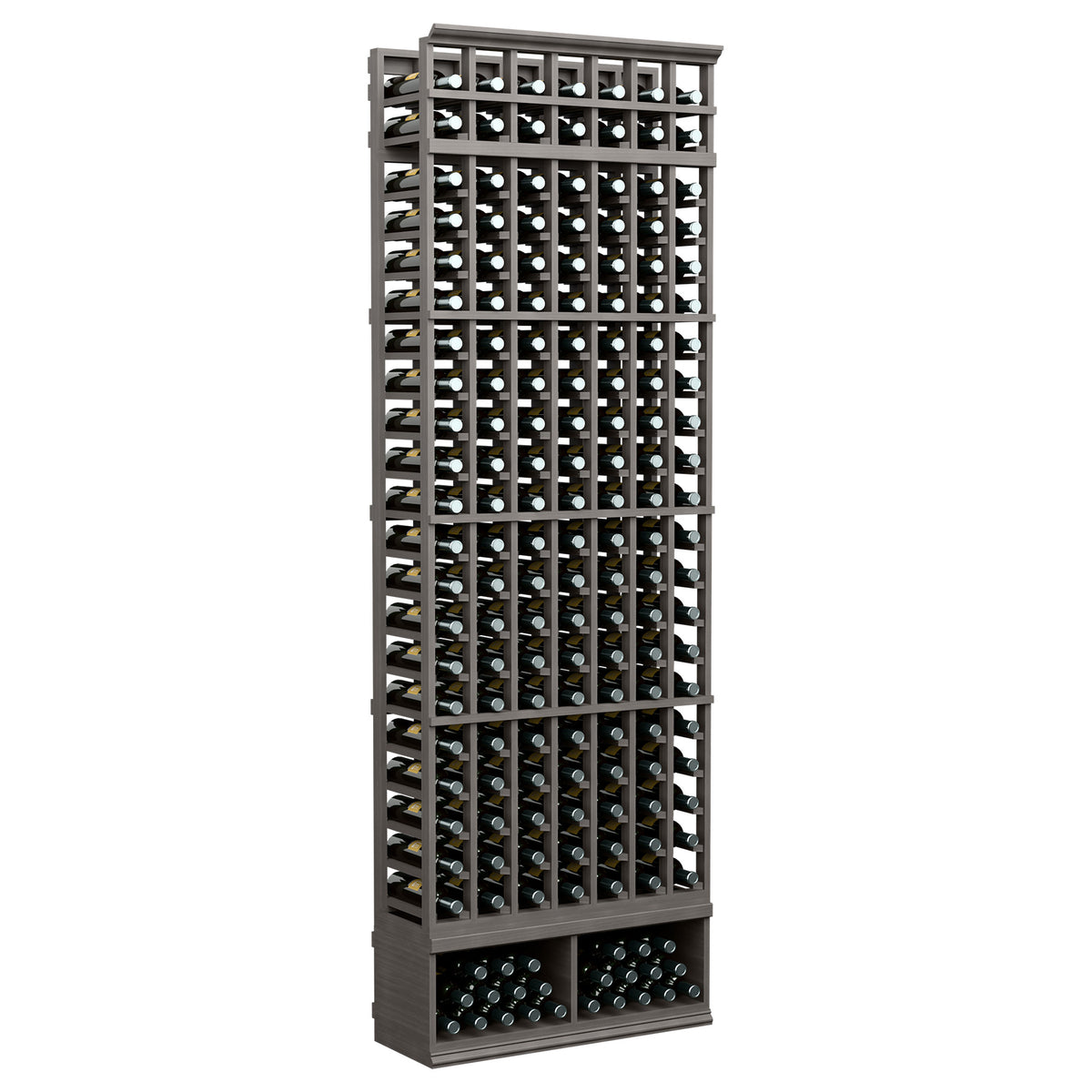 8-ft 7-column wine bottle rack with dark frame and bottle slots