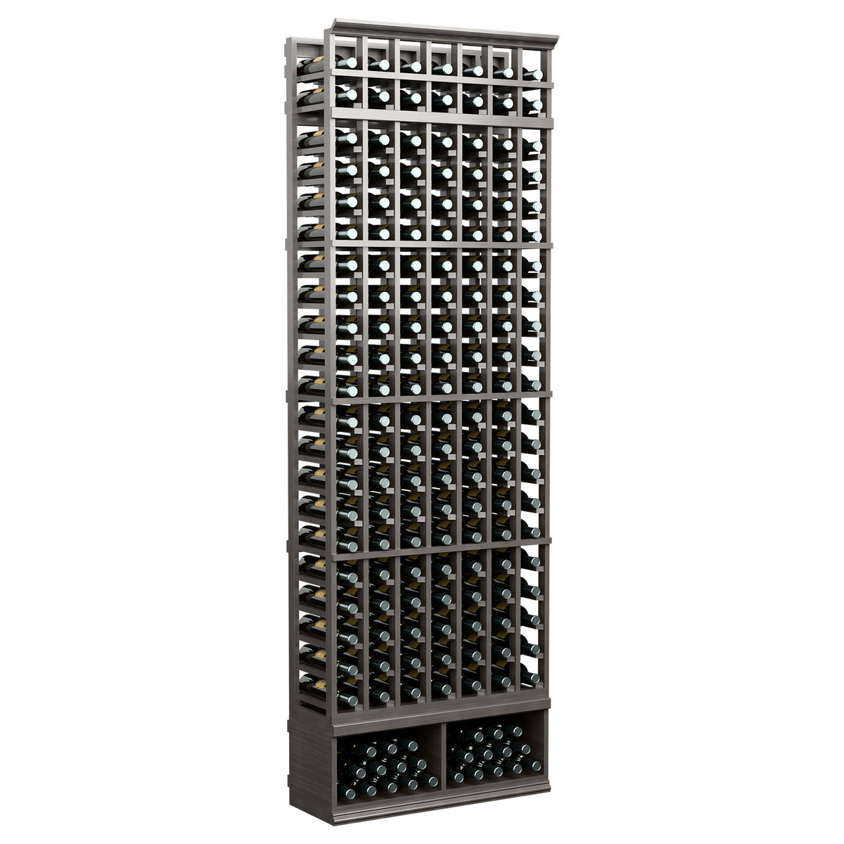 8-ft 7-column wine bottle rack with black frame and top lattice
