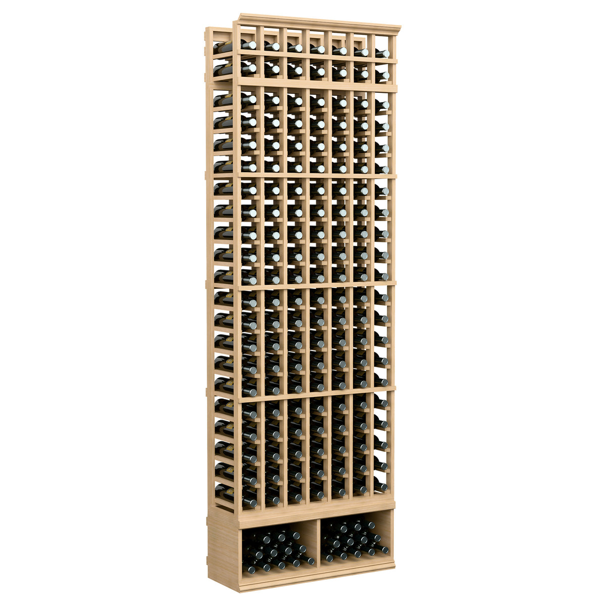 8-ft 7-column wine bottle rack with light wood frame and bottle slots