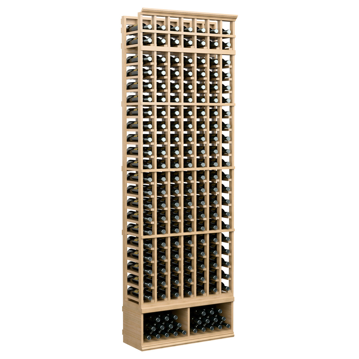 8-ft 7-column wine bottle rack with pale wood frame and lower bottle tray