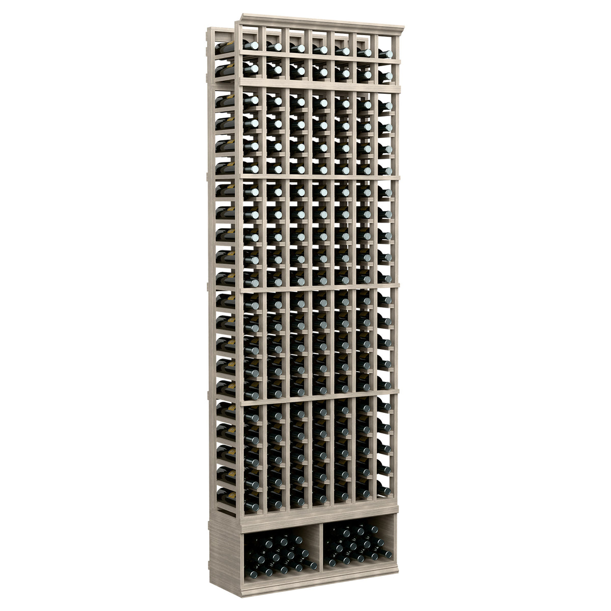 Gray 7-column wine bottle rack with open grid slots and bottle cradles