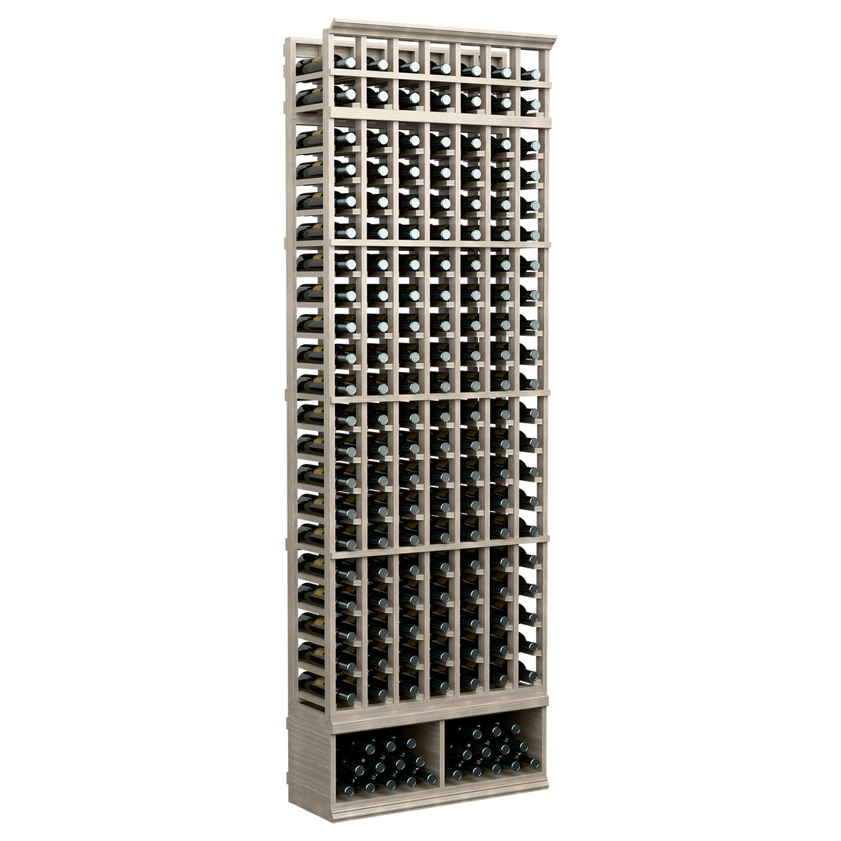 Cool gray 7-column wine bottle rack, front view with open bottle grid