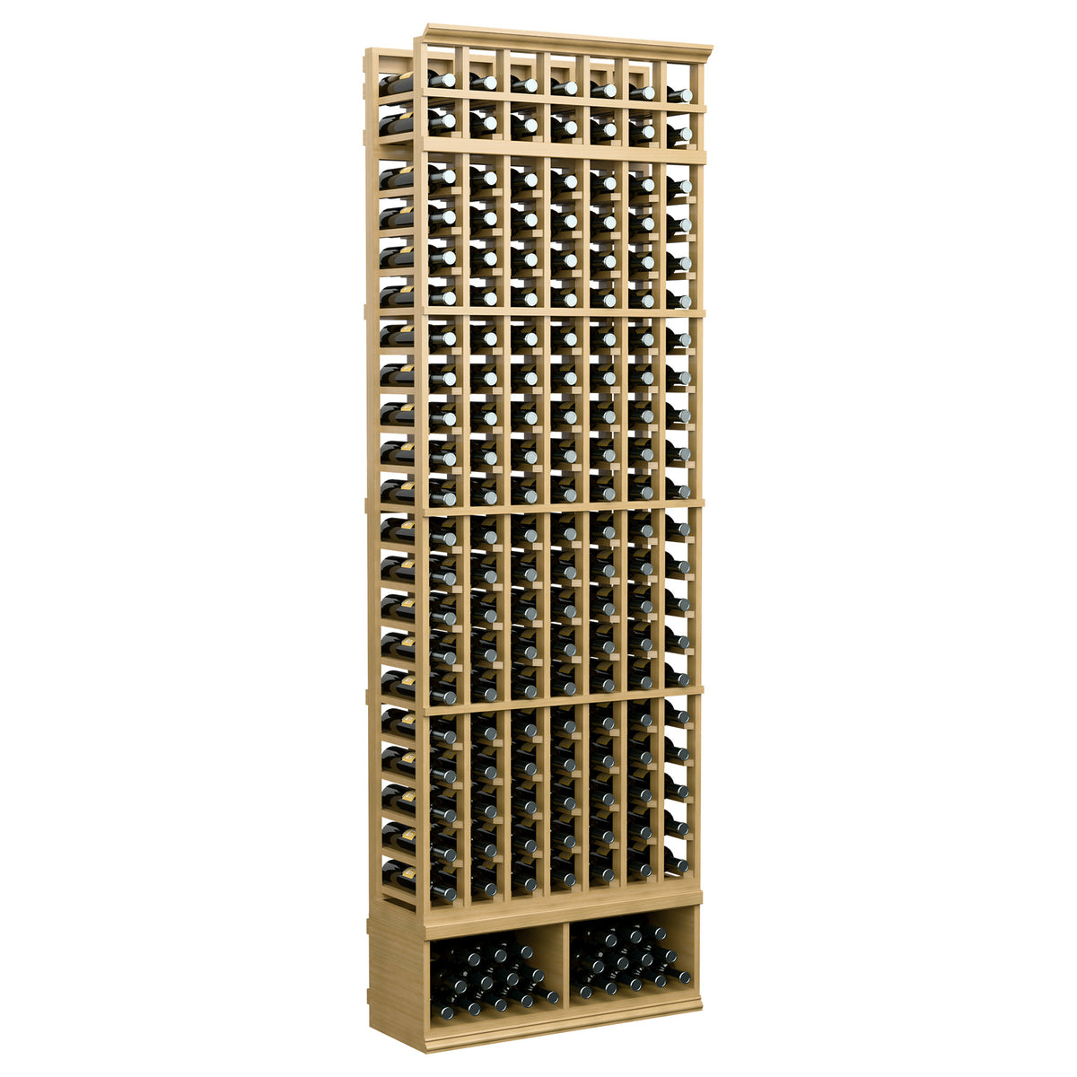 Warm light wood 7-column wine bottle rack with bottle cradles