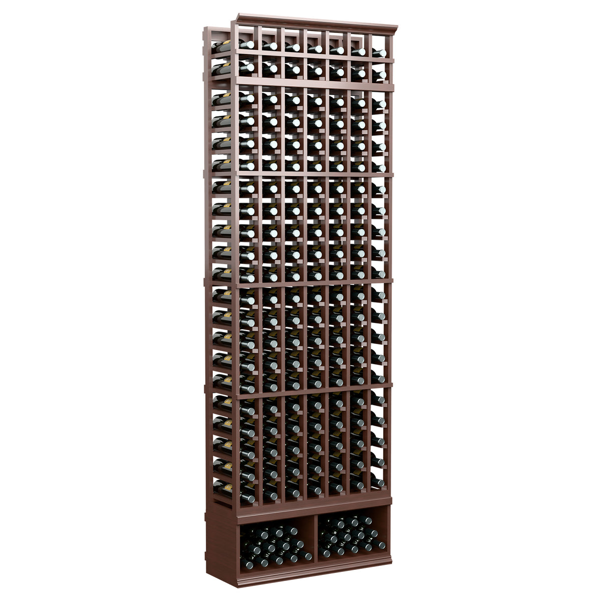 Deep brown 7-column wine bottle rack, front grid with bottle cradles