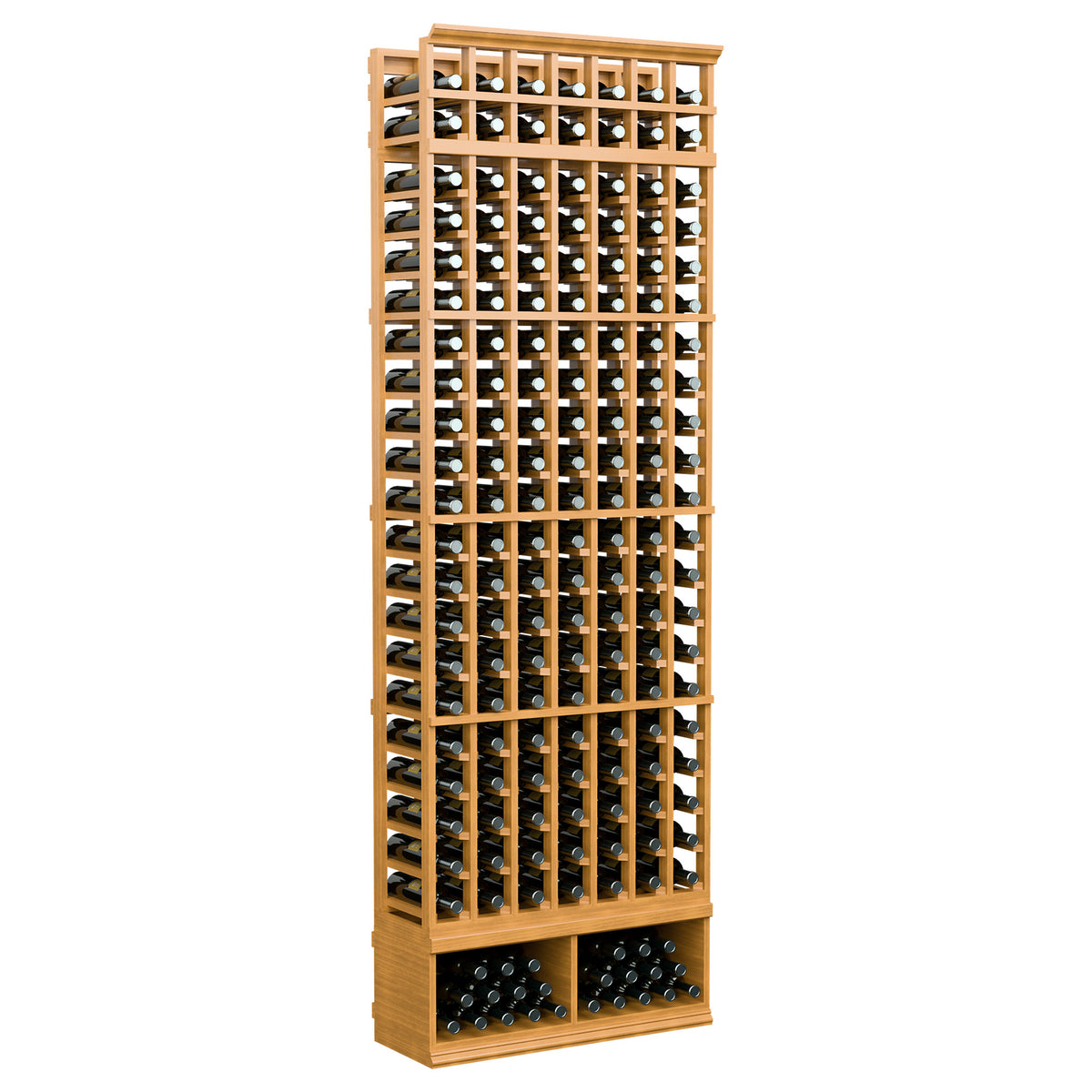 Honey-toned 7-column wine bottle rack with open front bottle grid