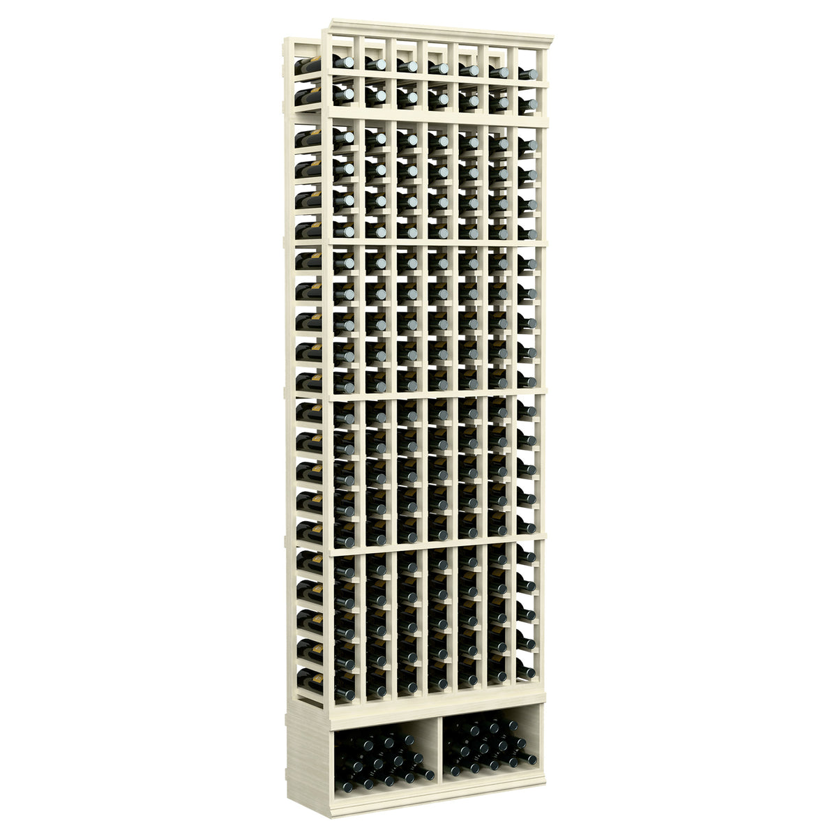 Whitewashed 7-column wine bottle rack with front grid bottle cradles