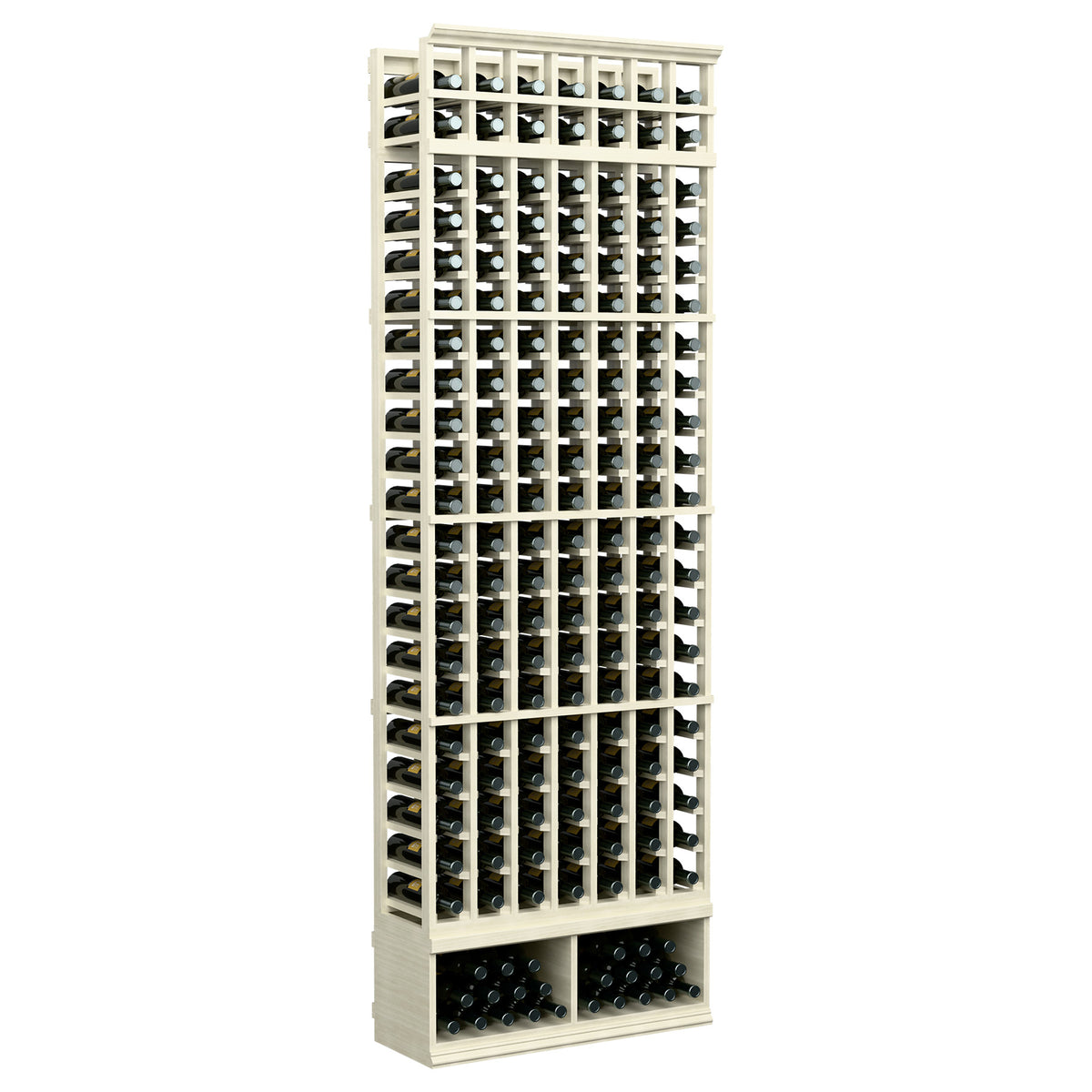 Off-white 7-column wine bottle rack with open bottle grid and cradles