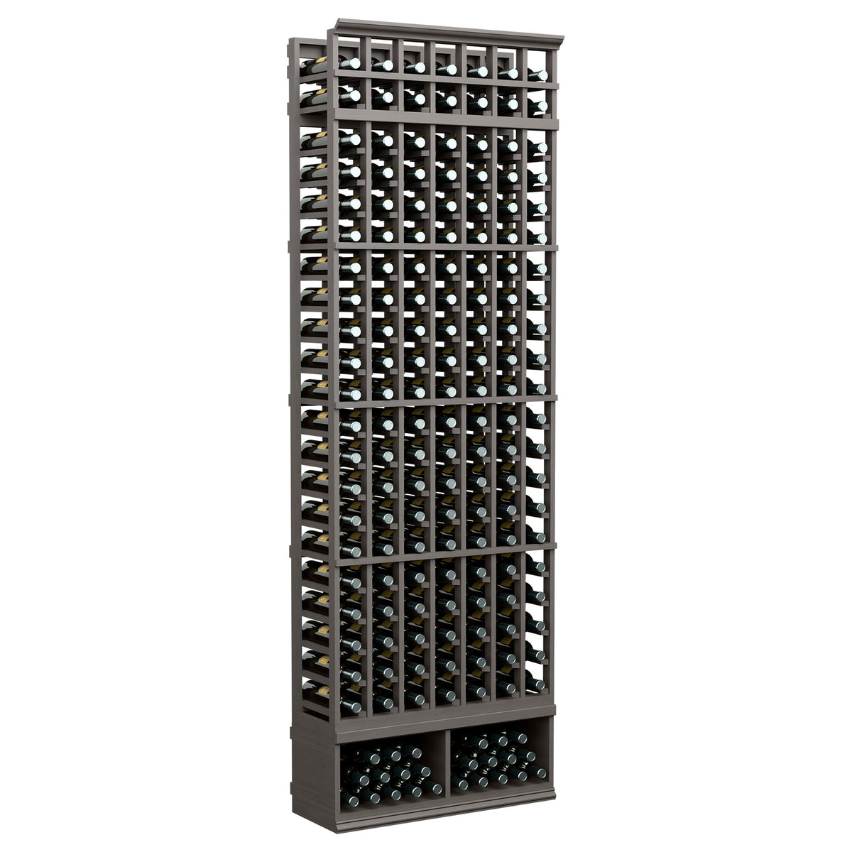 Black wine bottle rack with metal grid columns and front bottle rows