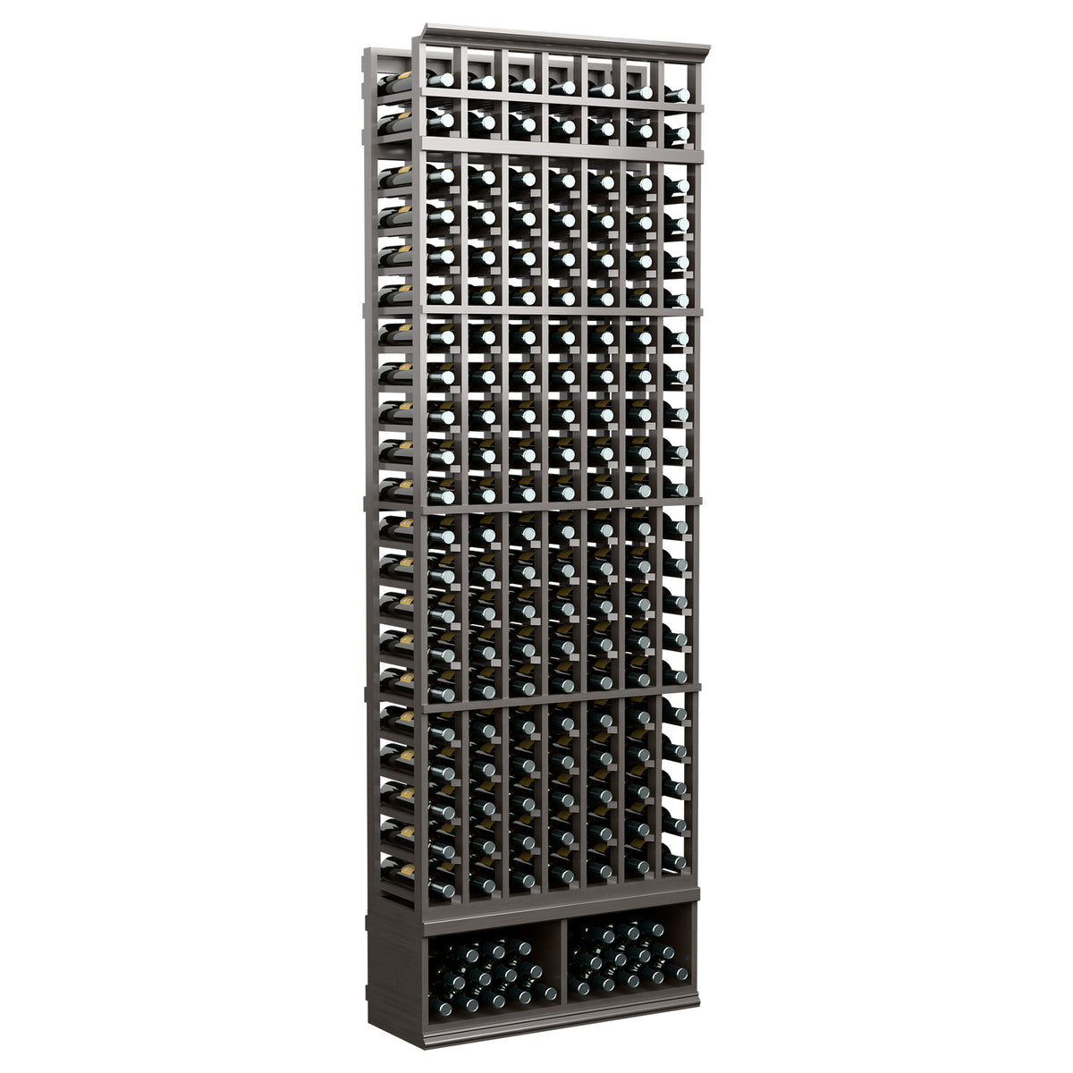 Black standing wine bottle rack with metal grid columns and base bottle slots