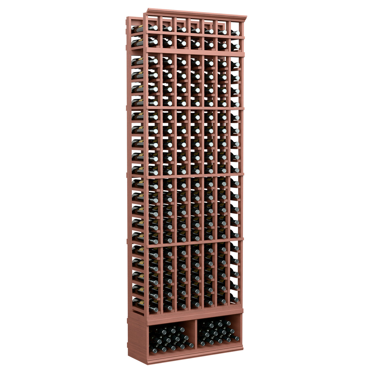 Red-brown wine bottle rack with wooden grid columns and front bottle openings