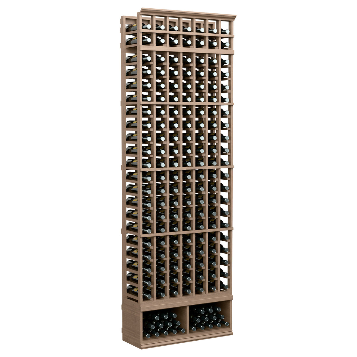 Medium brown wine bottle rack with wooden grid columns and front bottle rows