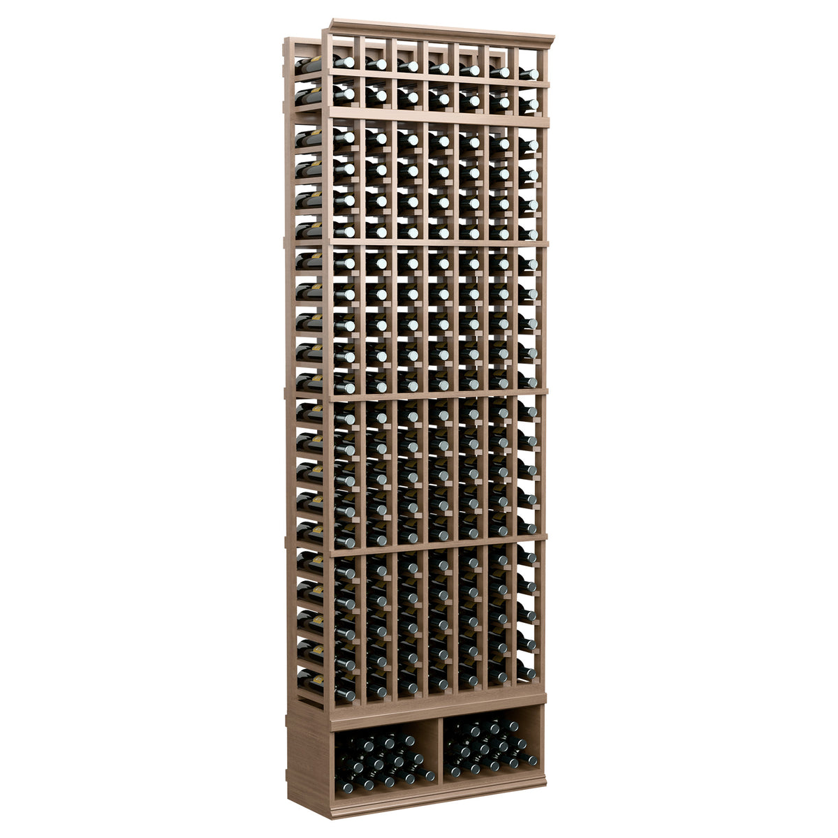 Medium brown wine bottle rack with wooden grid columns and base bottle shelves