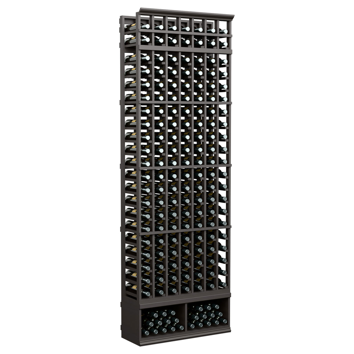 Charcoal black wine bottle rack with metal grid columns and bottom bottle shelf