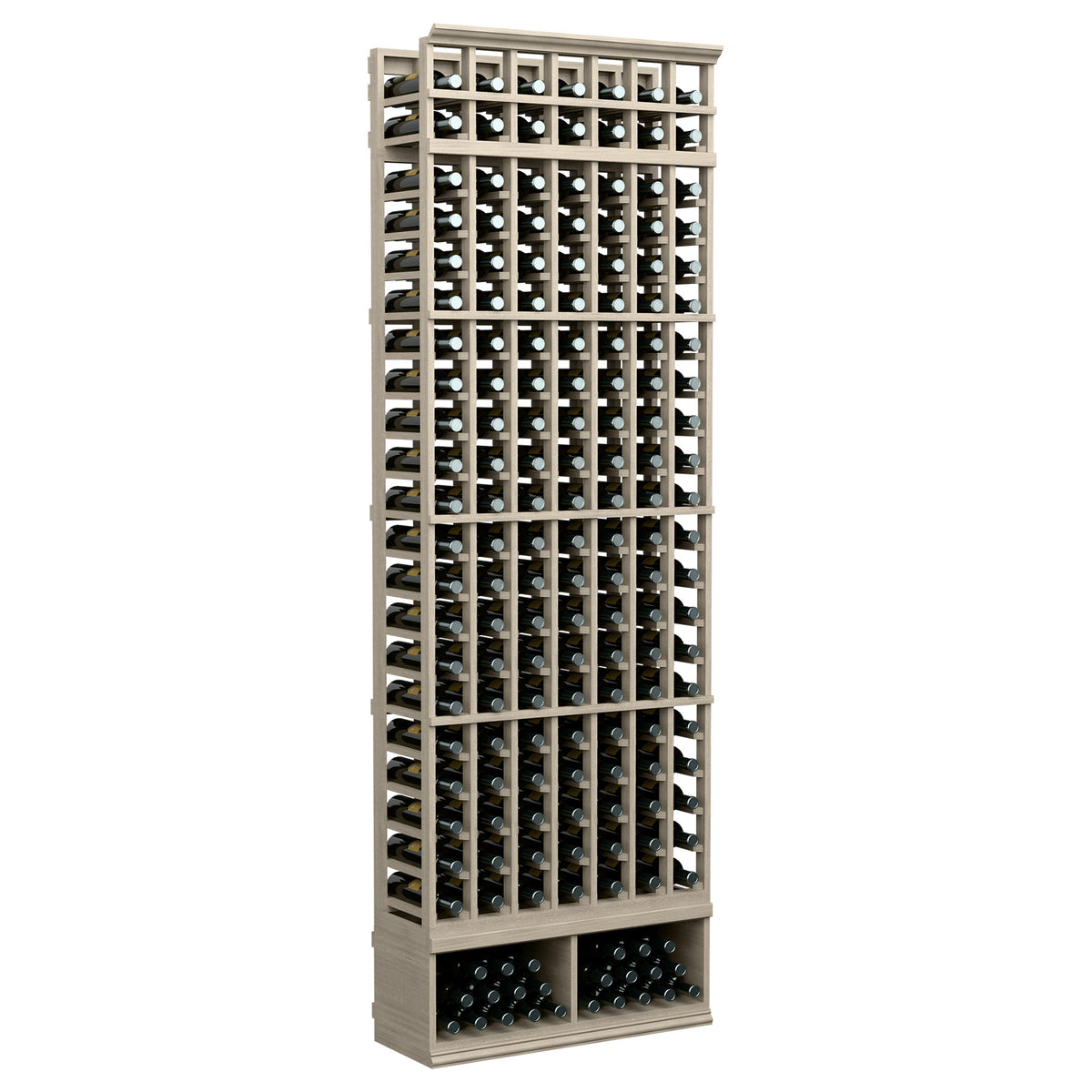 Light gray wooden wine bottle rack with 7 columns and front bottle slots