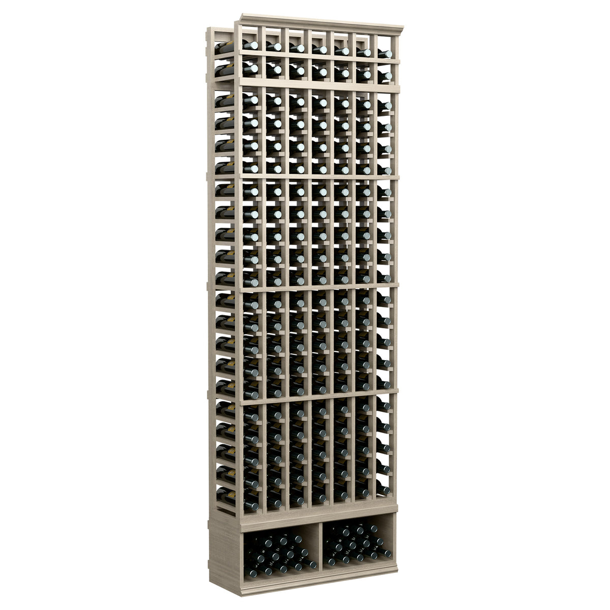 Light gray vertical wine bottle rack with 7 columns and filled front slots