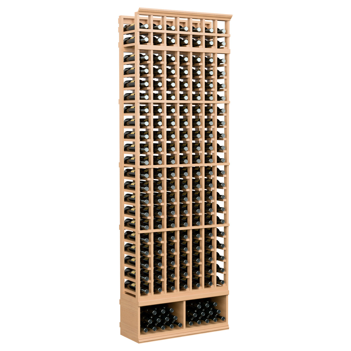 Natural wood 7-column wine rack with bottle slots across the front